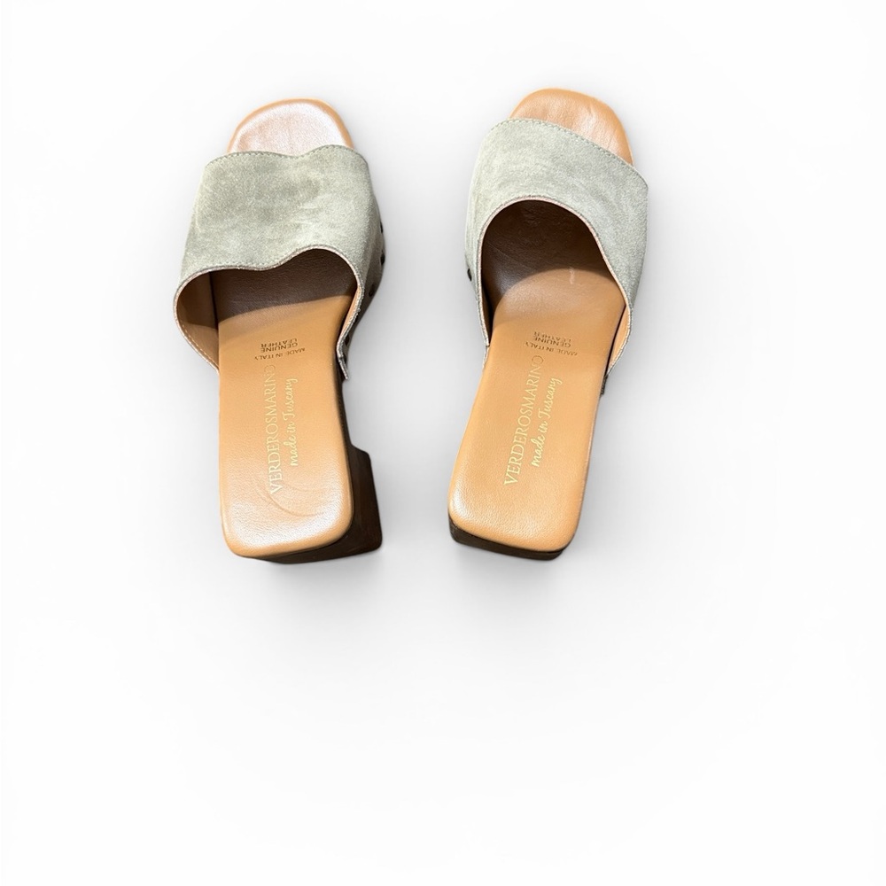 Suede Slide Mules in Sage Green. Gently Used - Picture 3 of 9